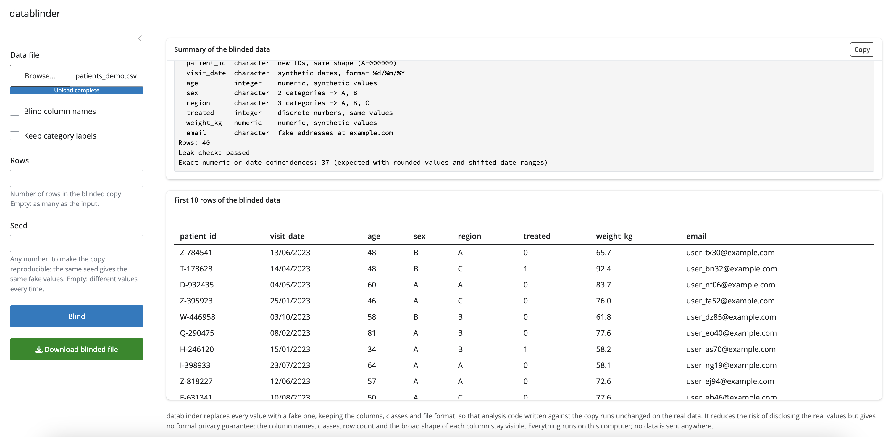 The datablinder app: the options in the sidebar, the summary of the blinded data and a preview of its first rows in the main area